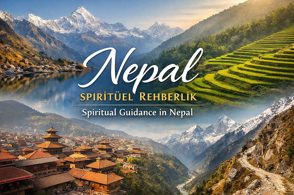 Single JPG cover image created as a collage using real photographs from Nepal’s Himalayan mountains, terraced hillsides, mountain valleys, and traditional Kathmandu architecture. No illustrations, human figures, or religious symbols are included. The visual contains the embedded text “Nepal Spiritüel Rehberlik” and “Spiritual Guidance in Nepal”. Optimized for web use, blog cover display, and global spiritual guidance content. Nepal’in Himalaya dağları, teraslı yamaçları, dağ vadileri ve Katmandu’ya ait geleneksel mimari görüntülerinden oluşturulmuş tek JPG kolaj kapak görselidir. İllüstrasyon, insan figürü ve dini sembol içermez. Görselin içinde “Nepal Spiritüel Rehberlik” ve “Spiritual Guidance in Nepal” yazıları yer almakta olup web uyumlu ve blog kapak alanına uygun şekilde hazırlanmıştır.