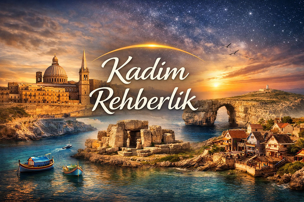 Kadim Rehberlik için hazırlanmış Malta temalı kapak görseli. Valletta, Mdina, Blue Lagoon, Gozo Adası ve Malta kıyı şeridinden gerçek görüntülerin tek kolajda birleştirildiği yapı. İllüstrasyon kullanılmamış, yalnızca gerçek şehir, ada ve doğa fotoğrafları tercih edilmiştir. Görselin içinde Kadim Rehberlik yazısı yer almaktadır. Akdeniz’e özgü sakin, dengeli ve aydınlık bir atmosfer hedeflenmiştir. Doğal renkler, yumuşak ışık ve içsel dengeyi destekleyen görsel dil kullanılmıştır.  Cover image prepared for Kadim Rehberlik with a Malta theme. A single collage composed of authentic photographs from Valletta, Mdina, the Blue Lagoon, Gozo Island and the Maltese coastline. No illustrations were used; only real city, island and nature images were selected. The visual includes the Kadim Rehberlik text. A calm, balanced and luminous Mediterranean atmosphere was aimed. Natural tones, soft lighting and a visual language supporting inner balance were used.