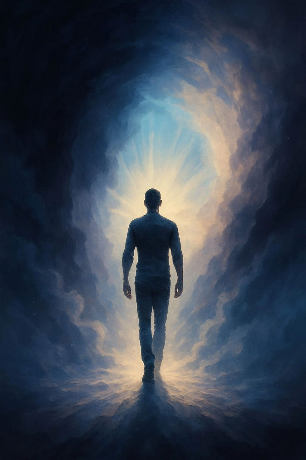 Karanlıktan aydınlığa yürüyen bir insan silueti, korku ve kaygılardan arınmayı, iç huzuru ve spiritüel farkındalığı simgeliyor.