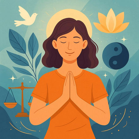 Huzurlu ve dengeli yaşamı simgeleyen doğa manzarası — gün doğumu, sakin göl yüzeyi ve ışığın enerjisiyle spiritüel dengeyi temsil eden dijital illüstrasyon.