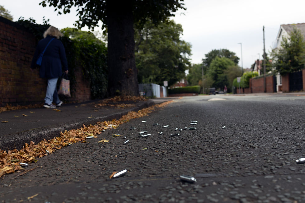 Nitrous oxide canisters on a road