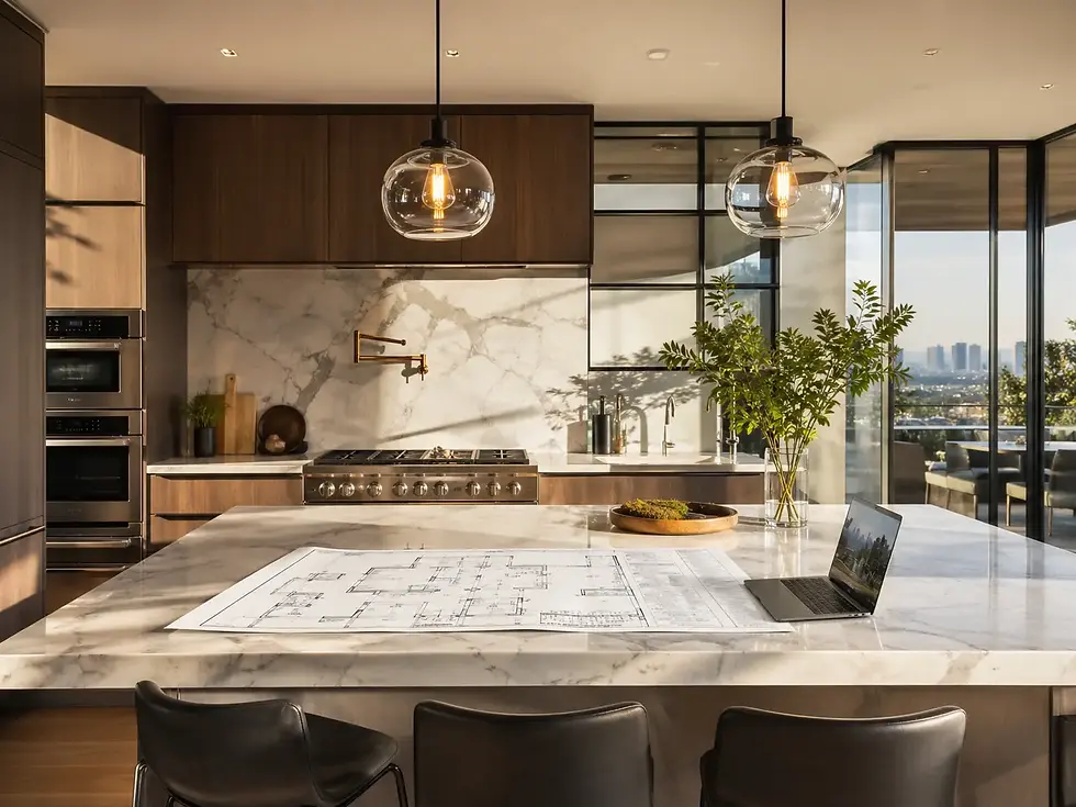 Modern Los Angeles kitchen remodeling planning session showing blueprints and design concepts on a marble countertop.