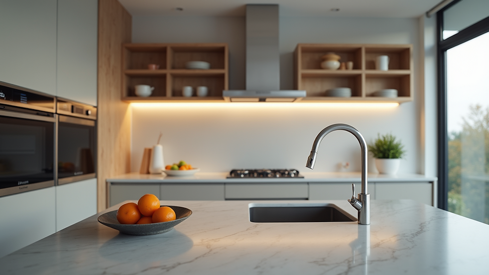Eye-level view of modern kitchen with spacious counters and sleek appliances