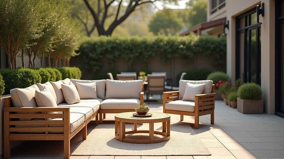 Close-up view of an outdoor patio with comfortable seating and stylish decor
