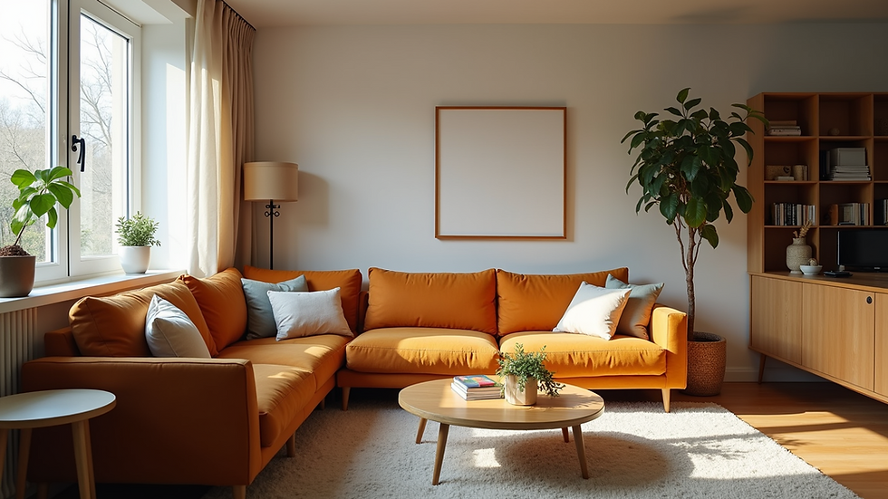 Wide angle view of a cozy living room setup