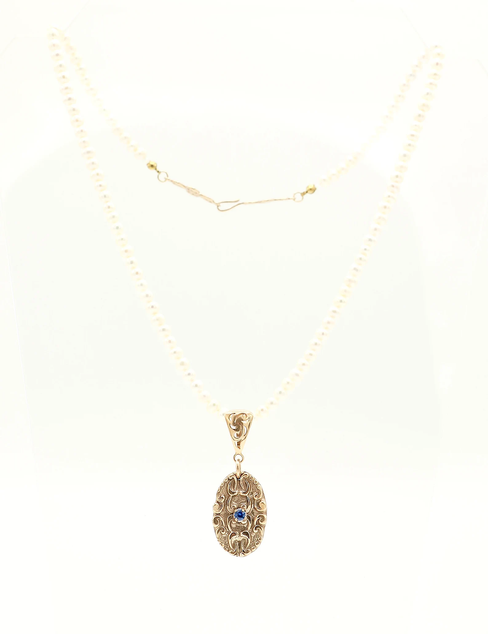 Thumbnail: Elegant Long Fresh Water Pearl Necklace with Hand Crafted Bronze Pendant with La