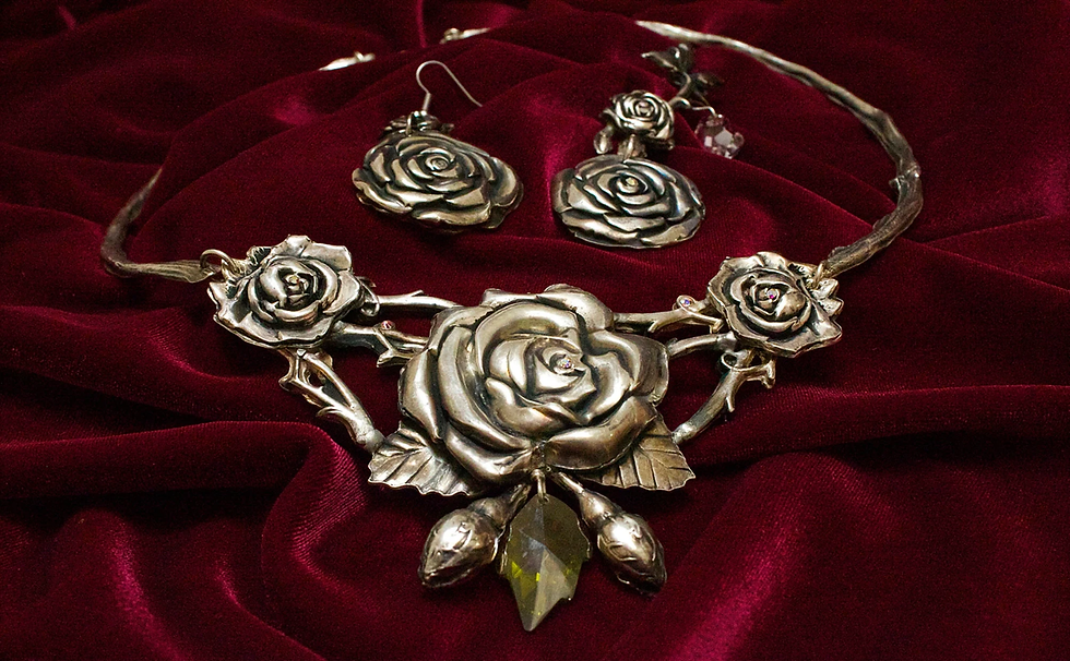Thumbnail: Sterling Silver Roses and Vine Necklace and Earrings