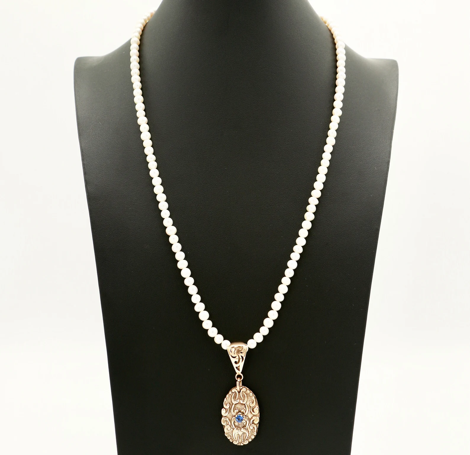 Elegant Long Fresh Water Pearl Necklace with Hand Crafted Bronze Pendant with La