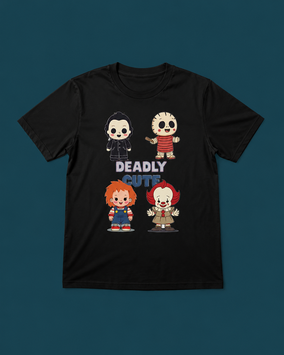 Thumbnail: Black t-shirt with Chibi horror characters and Deadly Cute text