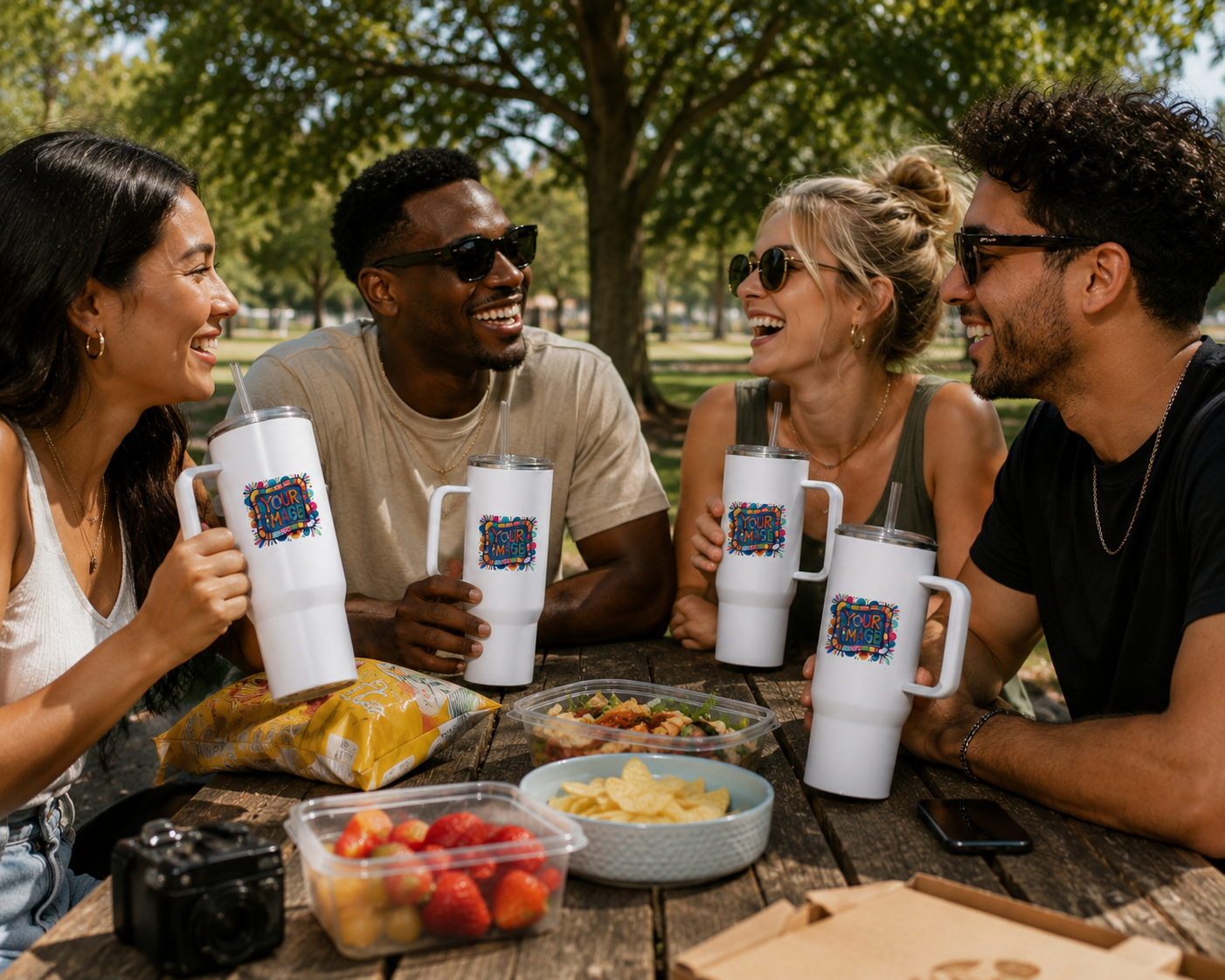 Friends at a park picnic with custom tumblers