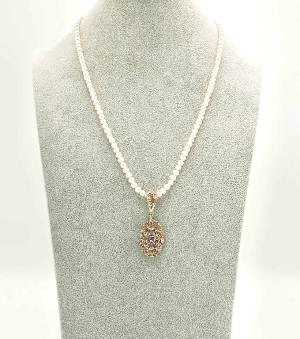 Thumbnail: Elegant Long Fresh Water Pearl Necklace with Hand Crafted Bronze Pendant with La