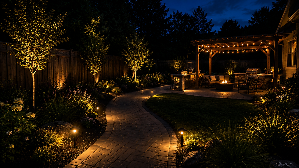 Illuminated stone path leading to a pergola at night.