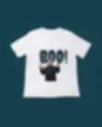White t-shirt with Michael Myers and Boo text