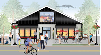 Architectural rendering of a building with a screen showing downtown Colonial Beach images, people outside
