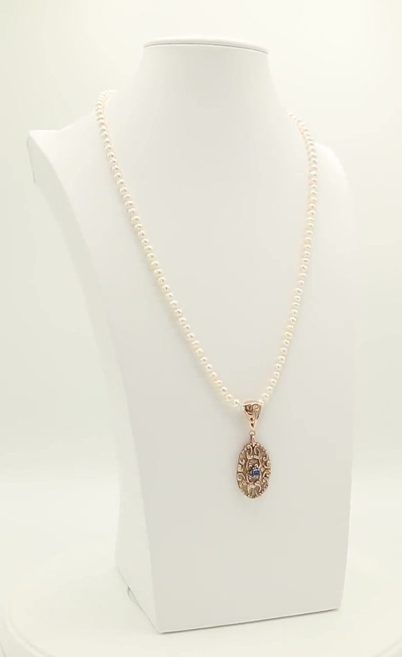 Thumbnail: Elegant Long Fresh Water Pearl Necklace with Hand Crafted Bronze Pendant with La