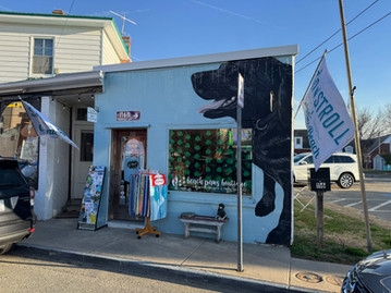 Blue store with black dog mural, 'dog beach pups boutique'