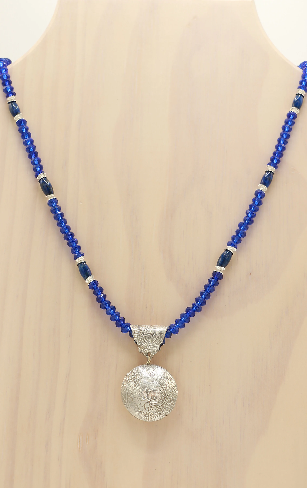 Thumbnail: Fine Silver Hollow form Pendant w Blue Crystals & Lapis Lazuli Beaded Necklace