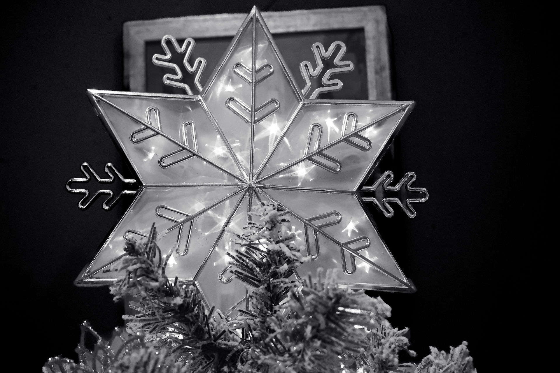 Large lit snowflake on top of a Christmas tree with frosted branches.