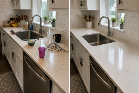 Dirty kitchen counter before and after cleaning