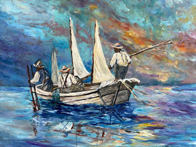 Impressionist painting of three men in a sailboat at sea