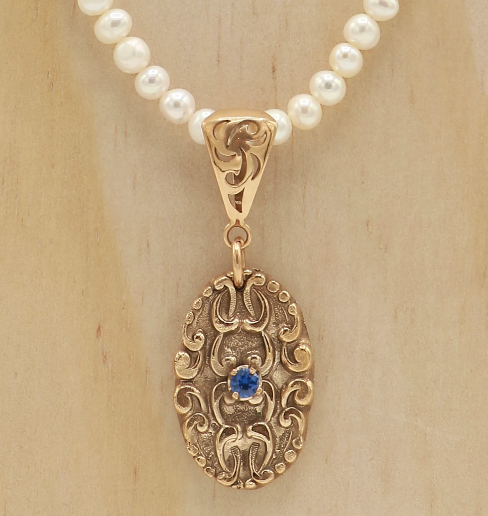 Thumbnail: Elegant Long Fresh Water Pearl Necklace with Hand Crafted Bronze Pendant with La