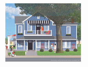 Blue house with balcony, striped awning, tree, and people