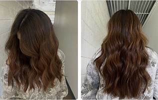 Before and after wavy brunette balayage hair color service