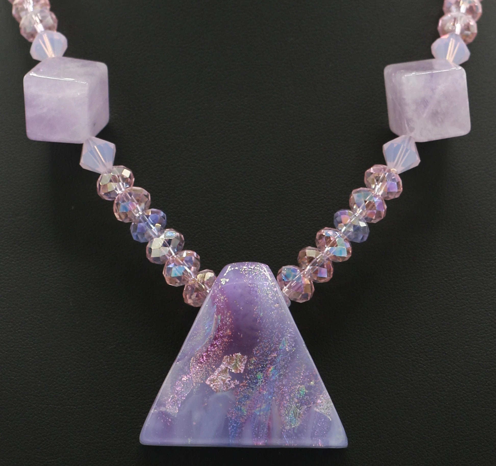 SPARKLING Pink and Amethyst Crystal Dichroic Glass Pendant Necklace