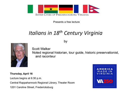 Italians in pre-Revolutionary Virginia Slated for April 16