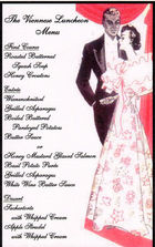 Vintage menu with a couple, handwritten text and food names, The Viennese Luncheon Menu.