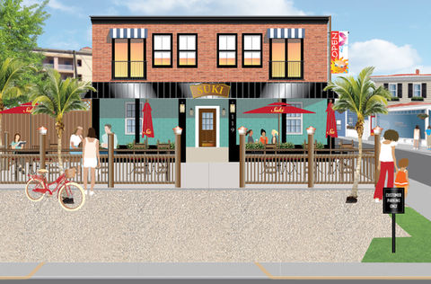 Illustration of a restaurant with outdoor patio and people