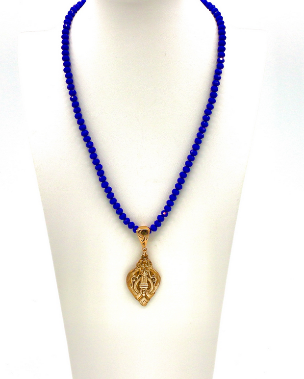 Etruscan Bronze Pendant with Royal Blue Czech Beads