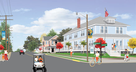 Small town street scene with people, golf cart, and buildings