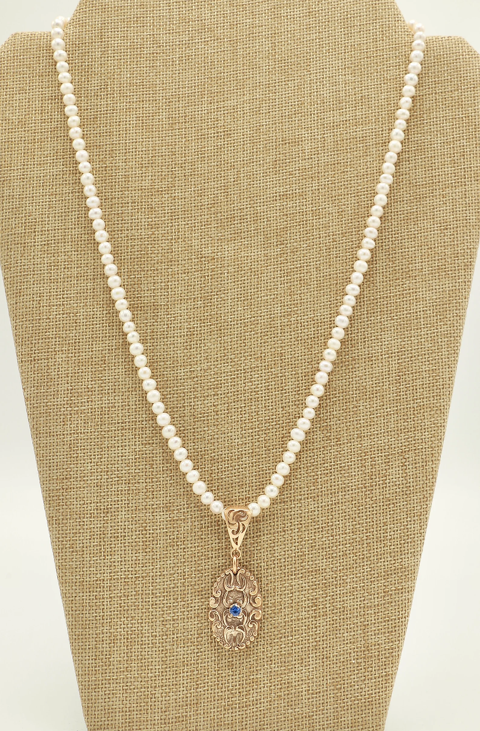 Thumbnail: Elegant Long Fresh Water Pearl Necklace with Hand Crafted Bronze Pendant with La