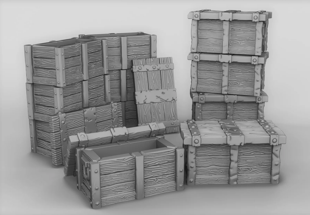 Plusieurs caisses en bois empilées. Plusieurs caisses en bois imprimées en ligne.