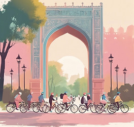 group of tourists cycle near delhi gate landscape in pastel colors with safty sign.jpg