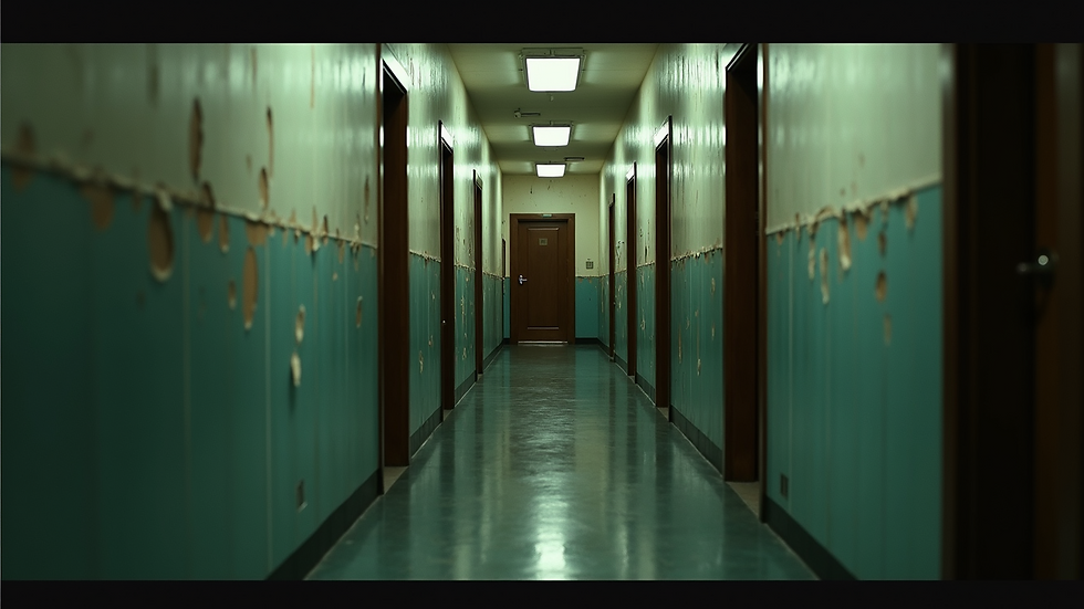 Eye-level view of a dimly lit hotel hallway with peeling wallpaper