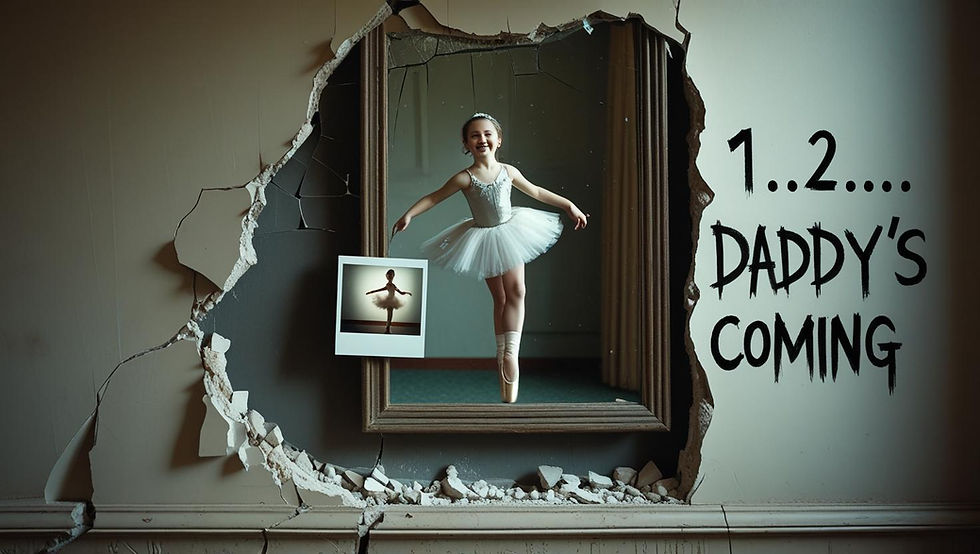 Hidden mirror found behind a wall in Room 1187 at The Alley Hotel in Redlands. A taped photo shows a girl dancing, with the words “1... 2... Daddy’s Coming” scrawled behind her — believed to be connected to the missing child known as Story.