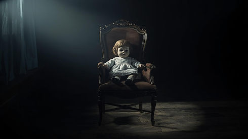 Creepy vintage doll sitting in a hotel chair, cracked porcelain face, lit by a single spot