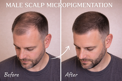 Male scalp micropigmentation before and after showing fuller hair density and reduced visi