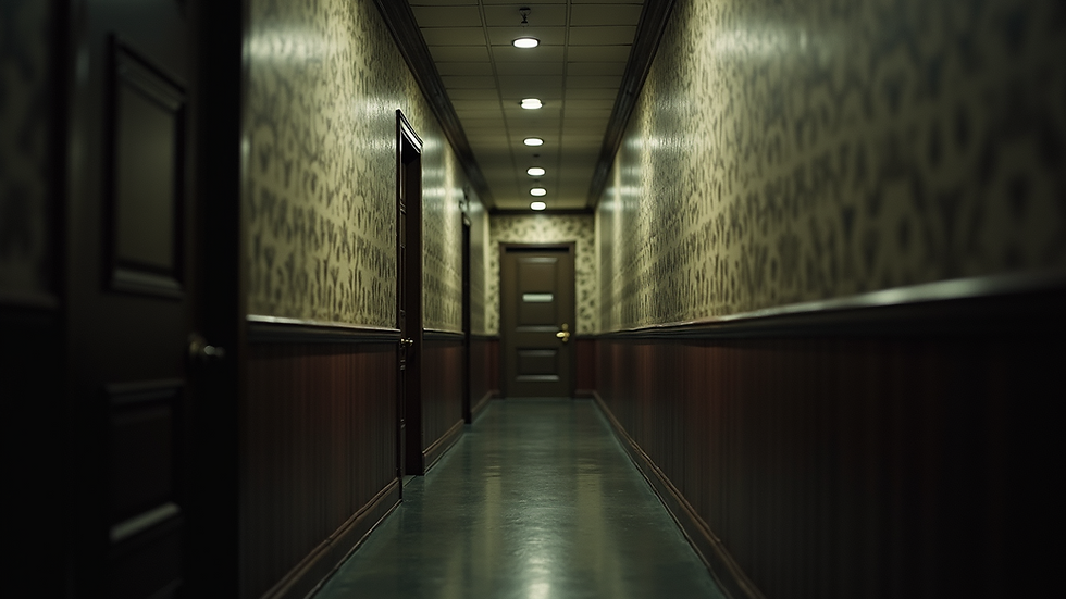Eye-level view of dimly lit hallway with vintage wallpaper