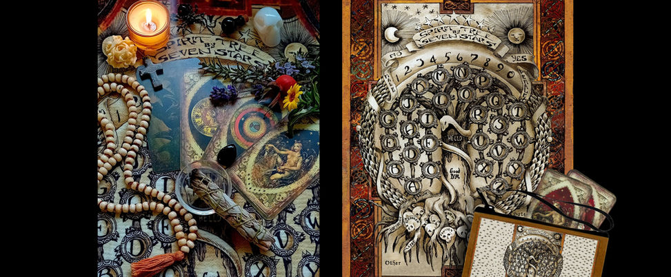 Spirit mat surrounded by lit candle and sage, beads, cross, skull and flowers and Tarot by Seven Samhain Deck, next to graphic of the mat and pouch.