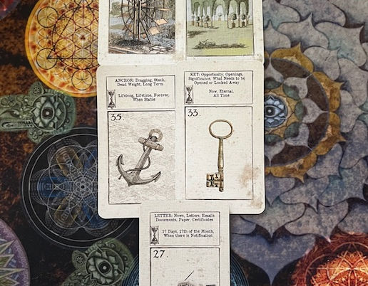 Five cards from the Old Fortuna Lenormand with Keywords. Cards showing are bonus card "Ferris Wheel", The Garden, The Anchor, The Key and The Letter. Shown on Large Lotus Mat also by Tarot by Seven.
