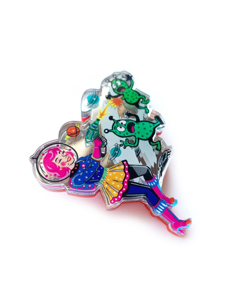 Thumbnail: Space Girl With Aliens Brooch by Rosie Rose Parker