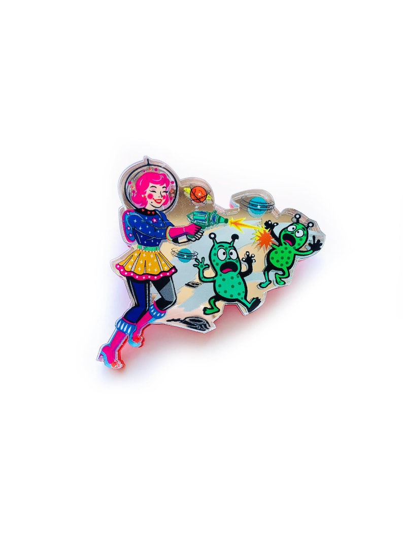 Space Girl With Aliens Brooch by Rosie Rose Parker