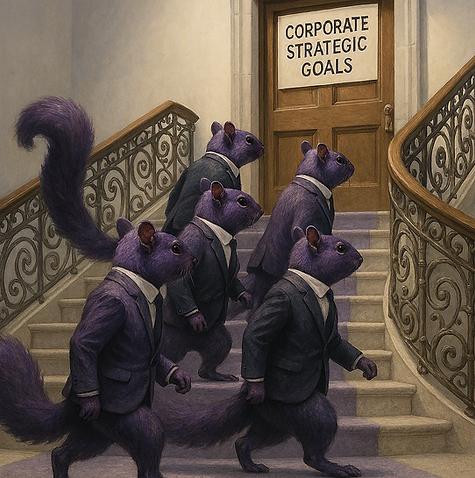 A team of purple squirrels determined and on one accord, marching towards a door of “Corporate Strategic Goals” at the top of a staircase.