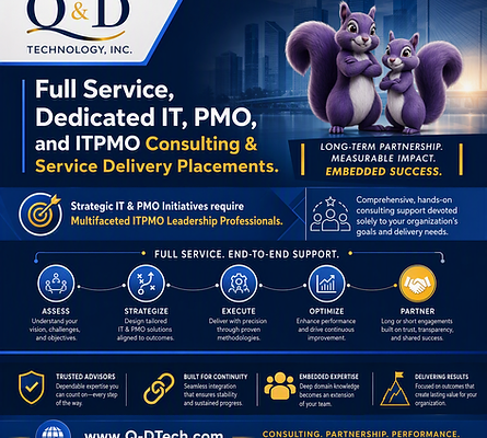 Full Service, Dedicated IT, PMO, and ITPMO Consulting & Service Delivery Placements: Professional graphic emphasizing the Q & D Technology “Full Service, Dedicated IT, PMO, and ITPMO Consulting & Service Delivery Placements,” with visuals featuring stability and long term partnership.