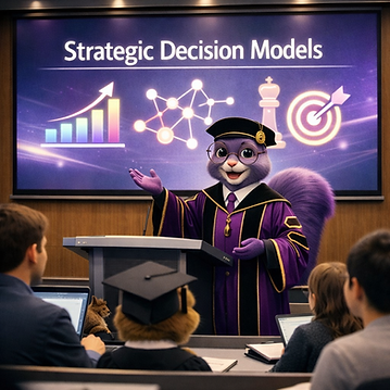 PSC’s Anthropomorphic Purple Squirrel professor in a scholar’s cap and gown is giving a presentation on a large screen in a lecture hall, surrounded by an audience of students, with a focus on strategic decision models.