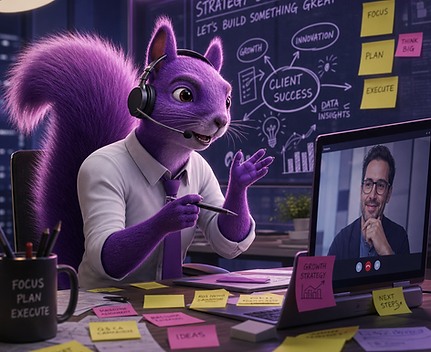 Humanlike purple squirrel wearing a headset, brainstorming at a desk covered with sticky notes and a laptop during a client call.