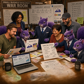 The PSC Pro-Bono team of anthropomorphic purple squirrels collaborate to help a group of human small business owners in the PSC Small Business Pro-Bono War Room. The team plans and tackles the businesses challenges of these and plans their business launch or growth strategies.